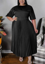 Black Elegant Solid Patchwork Fold O Neck Pleated Plus Size Dresses