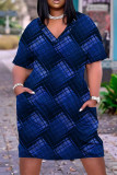Темно-синее повседневное платье с коротким рукавом и V-образным вырезом в стиле пэчворк с принтом