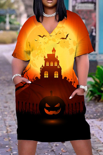 Orange Halloween Casual Graphics Print Basic V Neck Short Sleeve Loose Pockets Midi T-Shirt Dress