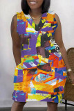 Lila Casual Print Patchwork V-hals ärmlösa klänningar