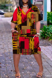 Red Yellow Casual Print Patchwork V Neck Short Sleeve Dress
