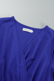 Königsblaue, lässige, solide Patchwork-Kleider mit gefaltetem V-Ausschnitt und Taillenrock (mit Gürtel)