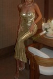 ゴールドセクシーカジュアルソリッドバックレスハーフタートルネックラップスカートドレス