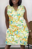Желтое повседневное платье с принтом в стиле пэчворк и V-образным вырезом без рукавов Платья