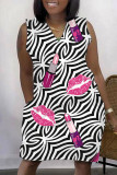 Schwarzes, rosafarbenes, lässiges Patchwork-Basic-Kleid mit V-Ausschnitt und ärmellosem Kleid