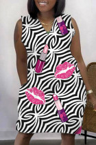 Black Pink Casual Print Patchwork Basic V Neck Sleeveless Dress Dresses