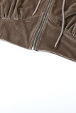 Brown Casual Solid Patchwork Draw String Zipper Hooded Collar Long Sleeve Two Pieces