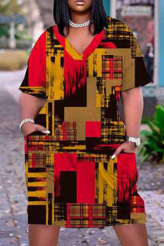 Red Yellow Casual Print Patchwork V Neck Short Sleeve Dress