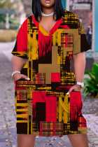 Vestido de manga corta con cuello en V estampado informal rojo amarillo