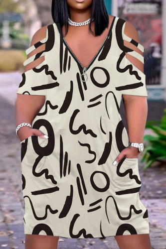 Apricot Casual Print Patchwork Zipper V Neck Short Sleeve Dress