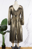 Золотые элегантные бронзовые плиссированные платья со складками уздечки со светоотражающим V-образным вырезом (с поясом)