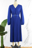 koningsblauw casual effen patchwork vouw v-hals taille rok jurken (met riem)