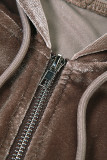 Marrom casual sólido patchwork cordão com zíper gola com capuz manga comprida duas peças