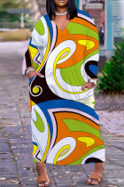 Оранжево-зеленые повседневные базовые платья с длинным рукавом и V-образным вырезом с принтом