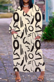 Абрикосовый повседневный принт Базовые платья с V-образным вырезом и длинными рукавами