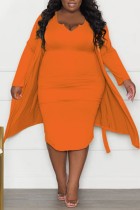 Orange Casual Solid Basic V Neck Plus Size Two Pieces