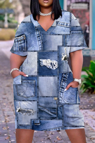 Light Blue Casual Print Patchwork V Neck Short Sleeve Dress