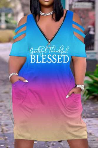 Blue Casual Gradual Change Letter Print Hollowed Out Patchwork Zipper V Neck Short Sleeve Dress