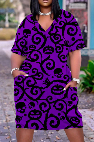 Dark Purple Halloween Casual Graphics Print Basic V Neck Short Sleeve Loose Pockets Midi T-Shirt Dress
