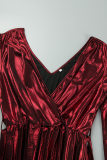 Red Elegant Bronzing Frenulum Fold Reflective V Neck Pleated Dresses(With Belt)