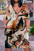 Vestido multicolorido casual estampado patchwork com zíper e decote em V manga curta