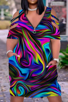 パープリッシュブルーカジュアルプリントパッチワークジッパーVネック半袖ドレス