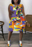 Gele casual print patchwork mouwloze jurk met V-hals