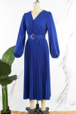 Bleu royal décontracté solide patchwork pli col en V taille jupe robes (avec ceinture)