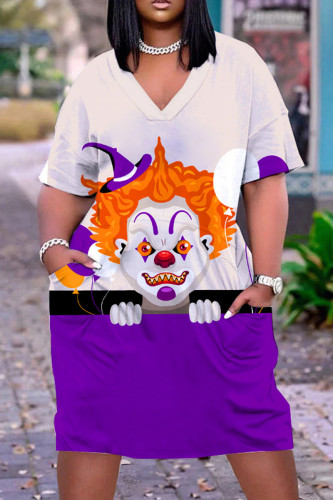 Purple Halloween Casual Graphics Print Basic V Neck Short Sleeve Loose Pockets Midi T-Shirt Dress