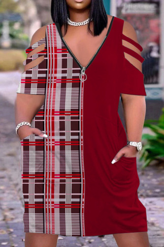 Deep Red Casual Print Patchwork Zipper V Neck Short Sleeve Dress