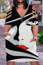 Schwarzgraues, lässiges, bedrucktes, kurzärmliges Patchwork-Kleid mit Reißverschluss und V-Ausschnitt