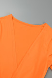Orangefarbenes, lässiges, solides, dreiteiliges Set mit U-Ausschnitt und langen Ärmeln
