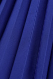 Vestidos de saia cintura cintura com dobra em patchwork liso casual azul real (com cinto)