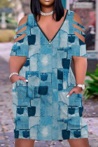 ブルー カジュアル プリント パッチワーク ジッパー V ネック半袖ドレス