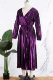 Purple Elegant Bronzing Frenulum Fold Reflective V Neck Pleated Dresses(With Belt)