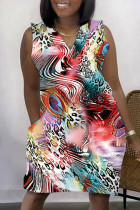 カラー カジュアル プリント パッチワーク V ネック ノースリーブ ドレス ドレス