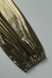 ゴールドエレガントブロンズ小帯折り反射Vネックプリーツドレス(ベルト付き)