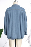 Light Blue Casual Solid Patchwork Turndown Collar Long Sleeve Two Pieces Blouse Tops And Shorts Sets