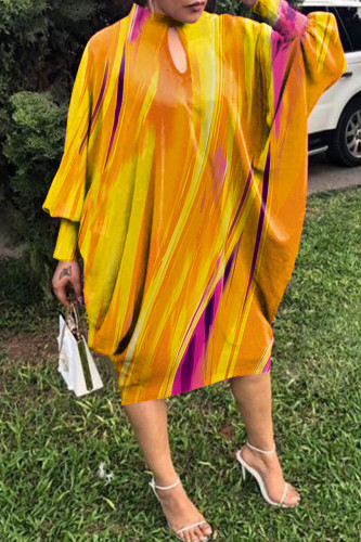 Orange Casual Print Hollowed Out Patchwork Half A Turtleneck Long Sleeve Dresses