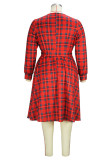 Red Casual Plaid Print Patchwork O Neck Long Sleeve Plus Size Dresses