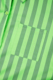 Зеленые повседневные полосатые лоскутные карманные пуговицы с отложным воротником и длинным рукавом из двух частей
