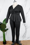 Vert Casual Solid Patchwork V Neck Plus Size Two Pieces