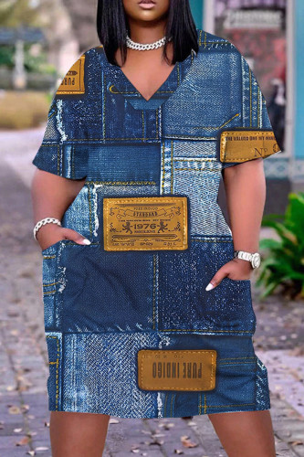 Navy Casual Print Patchwork V Neck Short Sleeve Dress