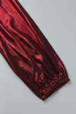 Red Elegant Bronzing Frenulum Fold Reflective V Neck Pleated Dresses(With Belt)