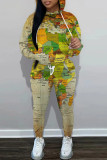 Stampa casual multicolore basic colletto con cappuccio manica lunga due pezzi