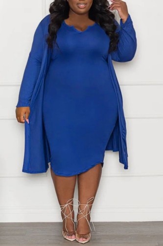 Blue Casual Solid Basic V Neck Plus Size Two Pieces
