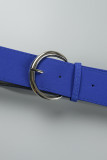 Vestidos de falda de cintura con cuello en V y pliegues de patchwork liso informal azul real (con cinturón)