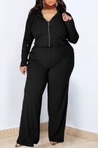 Black Casual Solid Patchwork Hooded Collar Plus Size Three Piece Set
