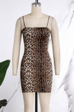 Tiger Pattern Sexy Animal Print Patchwork Backless Spaghetti Strap One Step Jupe Robes