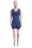The cowboy blue Casual Solid Buttons U Neck Sleeveless Skinny Denim Romper